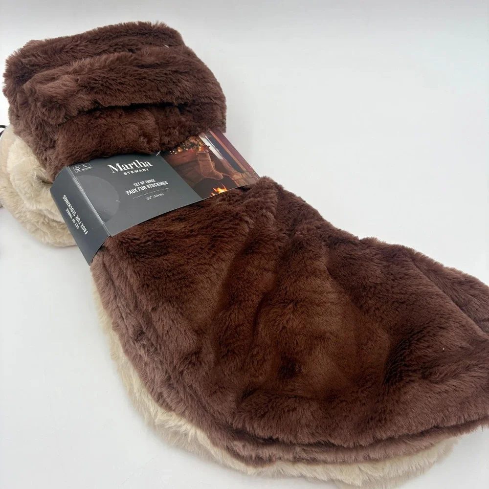 Martha Sewart Set of 3 Faux Fur Neutrals Brown Tan‎ Beige Christmas Stockings